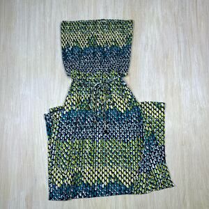 Anne Klein Green Blue Shirring Geometric Strapless Summer Maxi Dress Medium